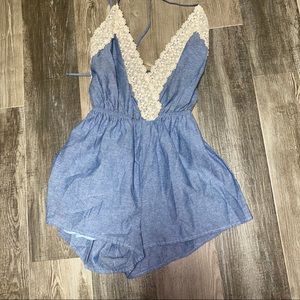 NEW! Denim Romper Lace detail & crisscross straps!